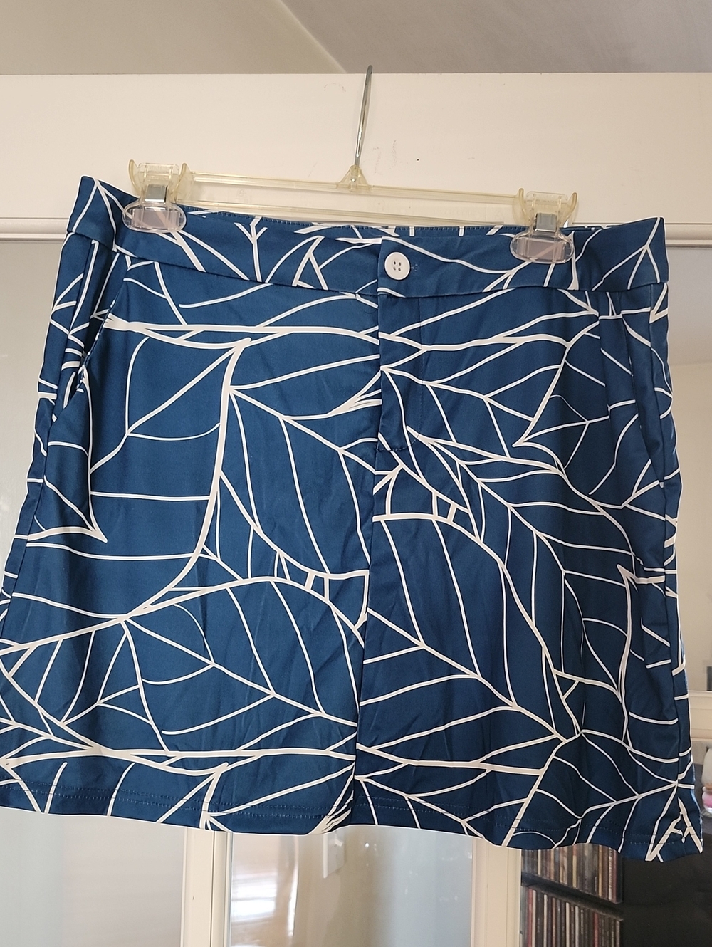 Blue Leaf-Print Mini Skort with Button Waist